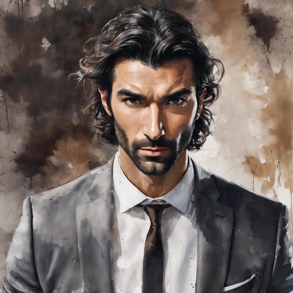Messy painting style portrait of Justin Baldoni, white man, neck length hair, suit, rich, muscular, gray brown hair, short beard, serious