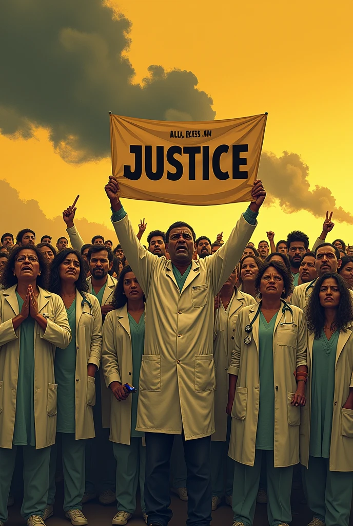 Hundreds of indian doctors protesting by holding a banner "JUSTICE", yellowish, medium contrast,men and women doctors are crying and angry,there is a line created by dark clouds in the sky"ALL EYES ON RG KAR"
