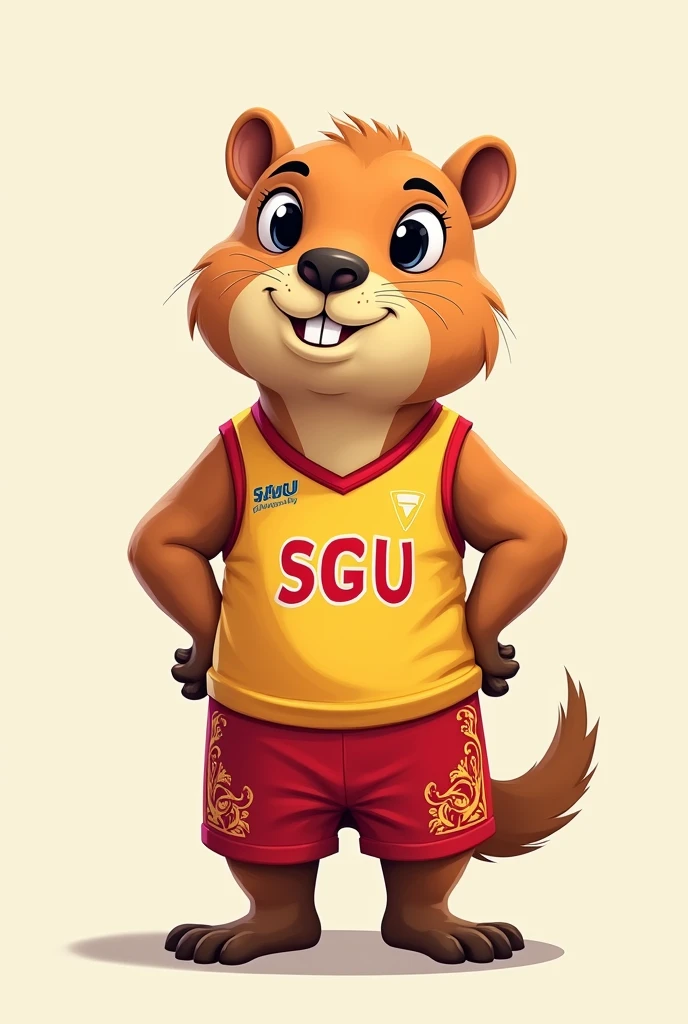 Portrait of Capypara wearing Saigon University SGU gym uniform. Drawn in cartoon style, lovely