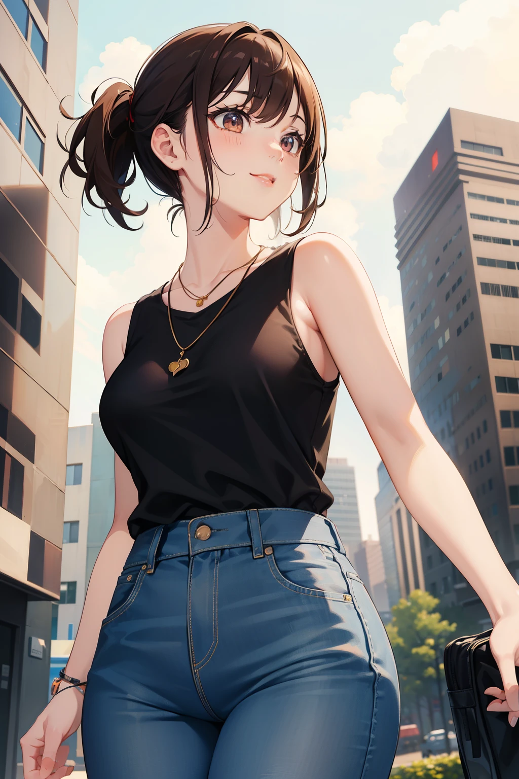 ((masterpiece)), ((best quality)), (ultra-detailed), ((kawaii)), cute, (lovely), anime style, dynamic angle, look up from below, office, night, a cute girl, 1girl, solo, tight sleeveless shirt, beautiful brown hair, beautiful dark brown eyes, ((beautiful eyes)), buttocks, slim, slender, necklace, smile, sparkling effect, lens flare ,skinny jeans, shirt tucked in, walking in the city