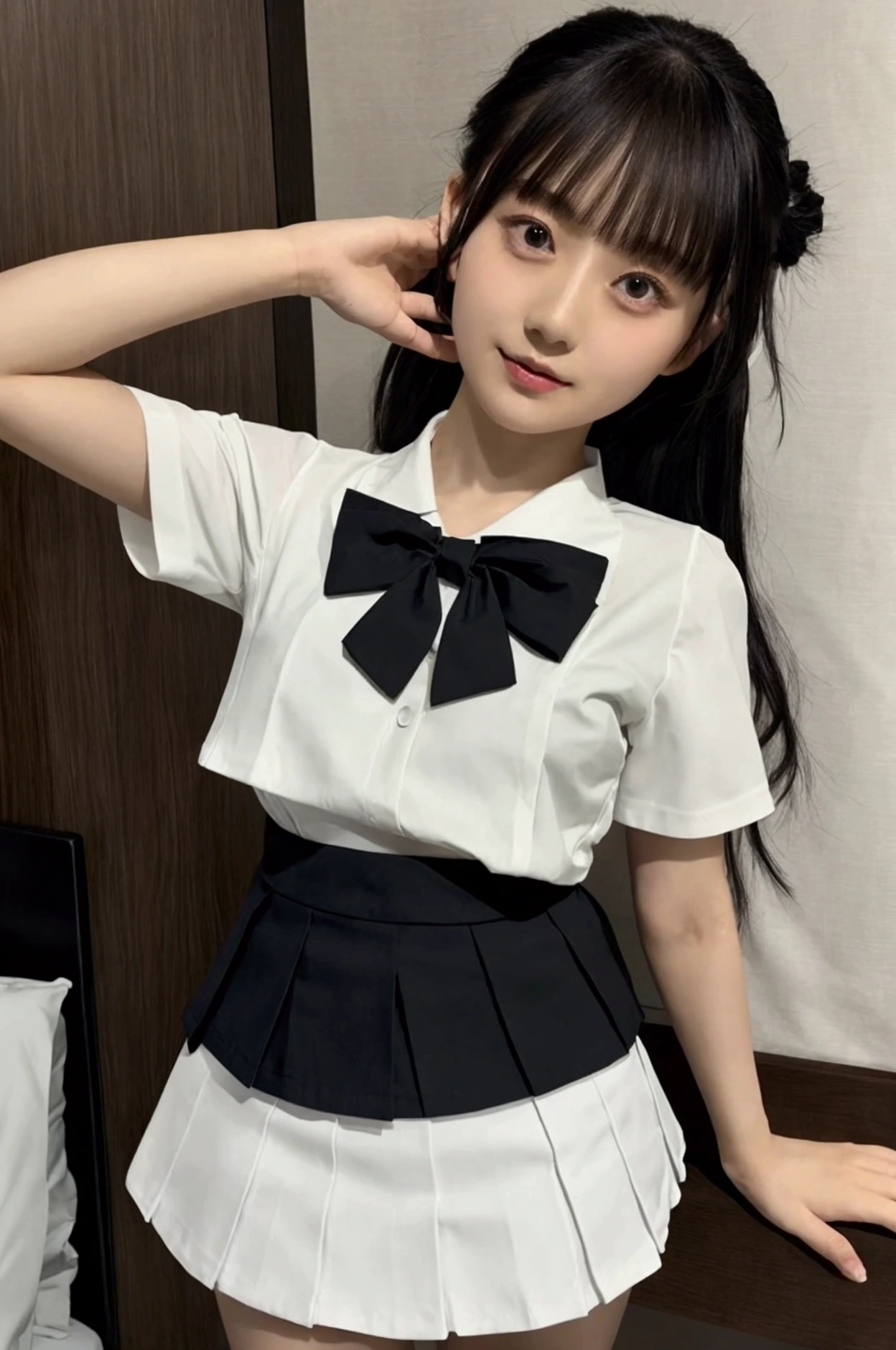 Gravure idol pose　Adorable smile　Hotel　bed　uniform　White clothes　high resolution　Not too small bust　Black Mini Skirt　Skirts should be shortened 　Beautiful legs　Beautiful Hair　Height: 155cm