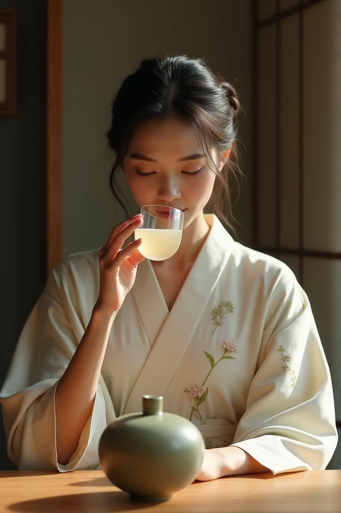 Woman drinking wakame sake