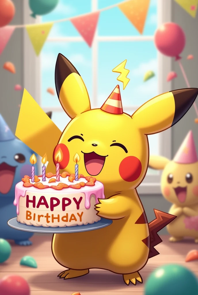 Pikachu holding birthday cake With the text happy birthday T T D C