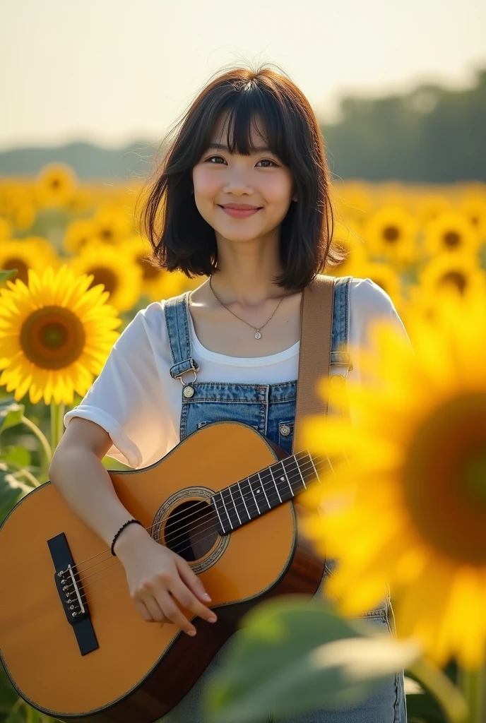 The location is a sunflower field under natural light. She is wearing overalls and has black hair with bangs.、A Japanese girl with collarbone-length hair、Her whole body is showing her vitality.、It shows her inner peace and outer charm.。Please let her have a guitar
