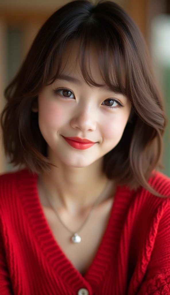 (Highest quality、Tabletop、8k、Best image quality、Award-winning works)、(One Girl, :1.3)、(Perfect V-neck long knit red sweater:1.2)、(Red eyeshadow:1.2)、Perfect Makeup、Long eyelashes、Ultra-high definition sparkling eyes、Ultra HD Hair、Ultra-high resolution glossy lips、Ultra High Resolution Perfect Teeth、Ultra HD cute face、Brown Hair、(Very short straight hair:1.1)、Look at me and smile、[clavicle]、Accurate anatomy、(Face close-up:1.5)、Luxury Love Hotel、(The most atmospheric and warm lighting:1.2)、Blurred Background、With bangs、Ultra-high-definition, shiny, moisturized face、Ultra-high resolution glowing skin、The most detailed face、Super high resolution detailed faces、ultra high resolution hair、Ultra-high resolution sparkling eyes、Beautiful face drawn in every detail、Ultra high resolution glossy red lips、Big Breasts、Cleavage、Fashionable necklaces