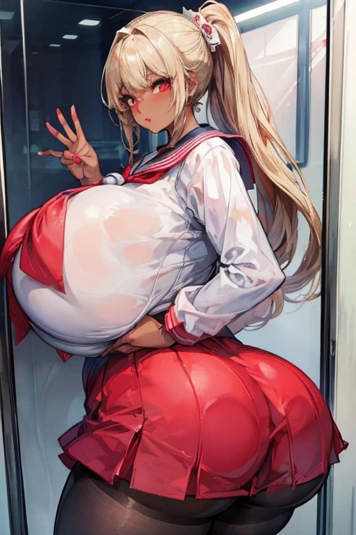 (masterpiece:1.2、Highest quality、Tmasterpiece)、1 female、alone、classroom、Day、stand、beauty、(blonde)、ponytail、Red eyes、(Oversized Sailor Suit:1.4)、(Dark Skin:1.4)、break、Big Breasts、Big Ass、Long sleeve、corset、Earrings、lipstick、(pantyhose:1.2)、choker、mini skirt、blush、Covered breasts、Bangs braids、(Thick lips:1.2)、Big nipples、((ass on glass:1.25))