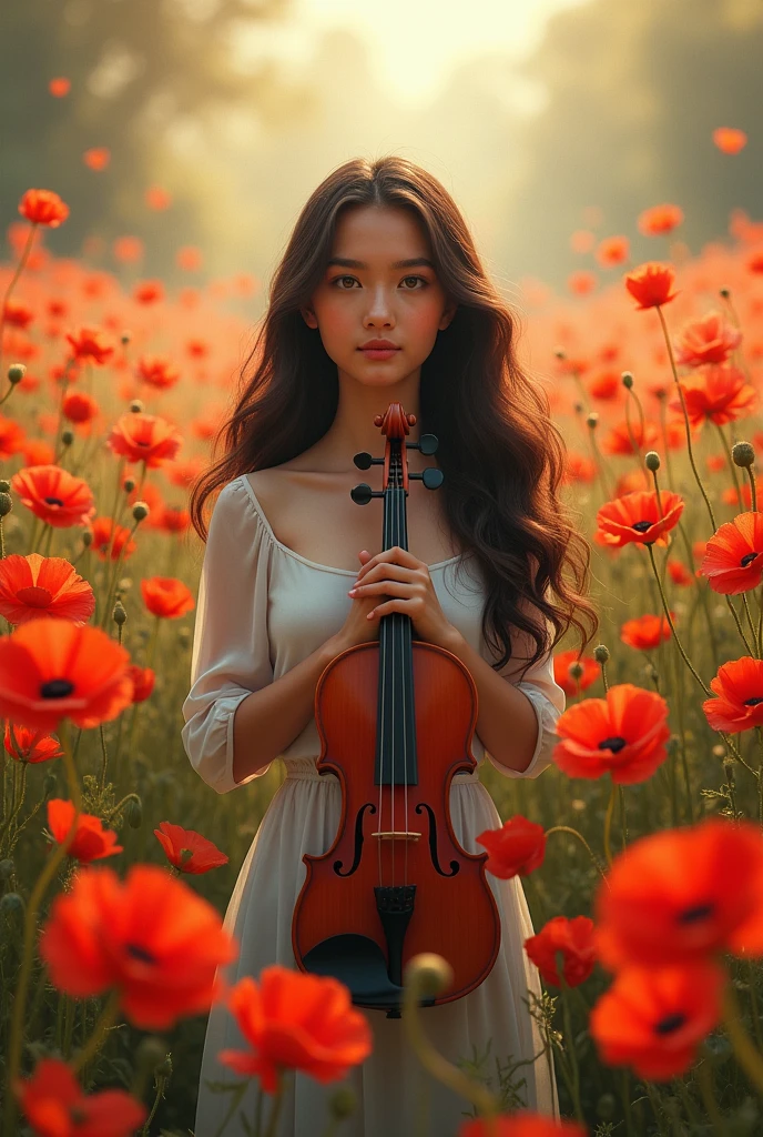 Long black haired latina girl with violin in the middle of a poppy garden