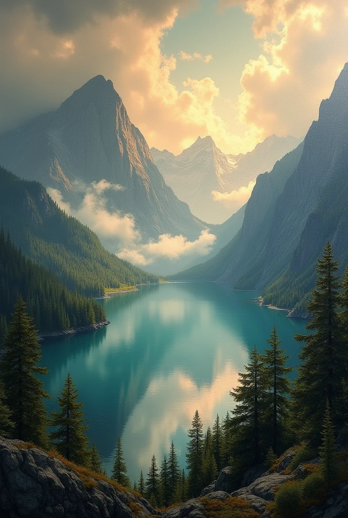 A beautiful landscape oil painting, detailed mountains and forests, serene lake, dramatic clouds, warm lighting, photorealistic, (best quality,4k,8k,highres,masterpiece:1.2),ultra-detailed,(realistic,photorealistic,photo-realistic:1.37),HDR,UHD,studio lighting,ultra-fine painting,sharp focus,physically-based rendering,extreme detail description,professional,vivid colors,landscape,dramatic,atmospheric,moody,cinematic