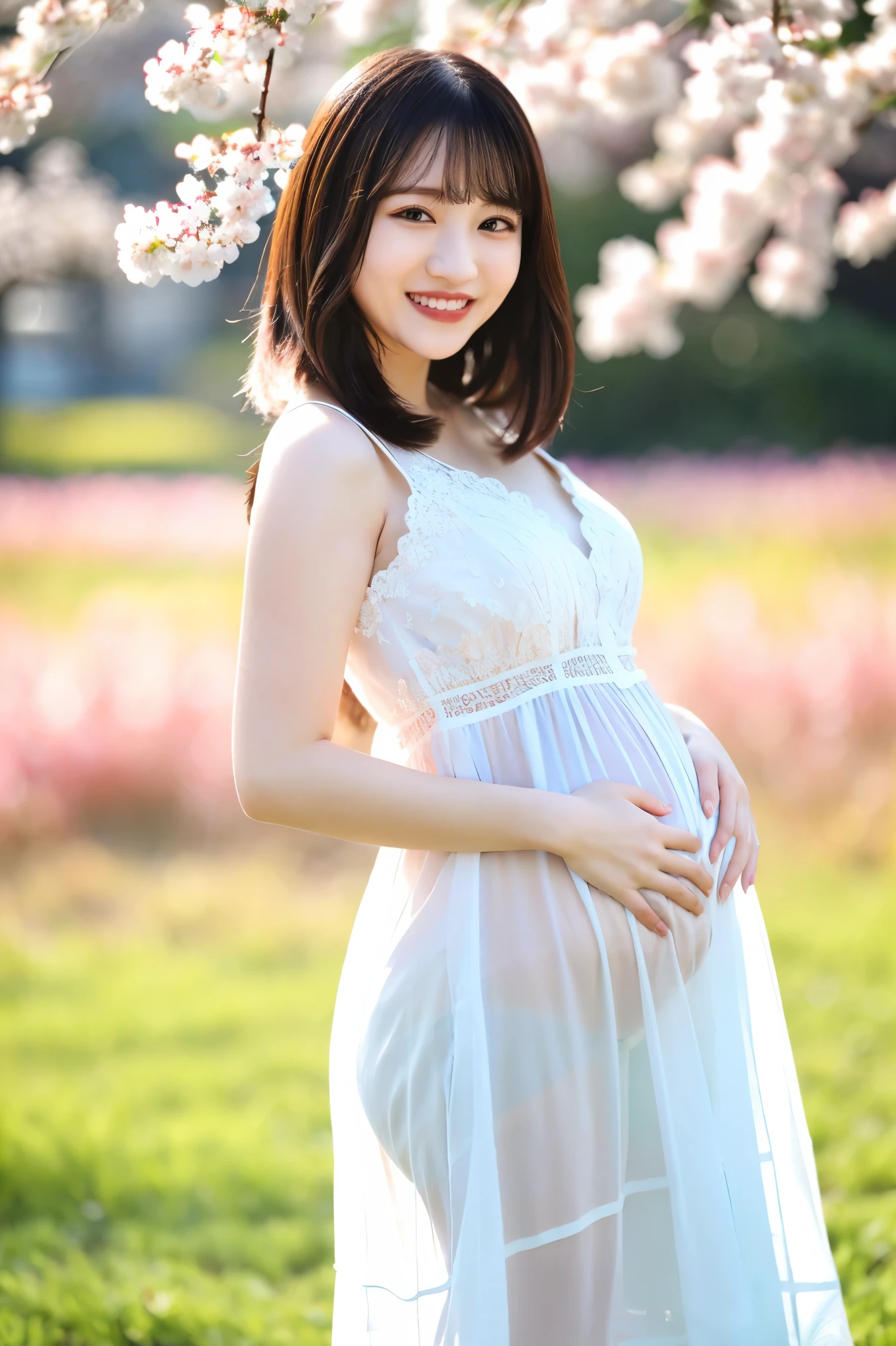 (Highest quality、masterpiece、8k、Best image quality、Award-winning works)、1 female、A walk in the park、(pregnancy:1.1)、(alone:1.1)、(1 photo:1.1)、Elegant white maternity wear、See-through maternity wear、Perfect Makeup、thin、The biggest smile is looking at me、Perfect Anatomy、Standing full body photo、Blurred cherry blossoms in full bloom,、big grass park、Refreshing atmosphere、very bright and vivid、Beautiful eyes in ultra-high resolution、Ultra high resolution perfect beautiful teeth、Ultra-high definition beauty face、Ultra HD beautiful hair、Perfect teeth alignment、short hair