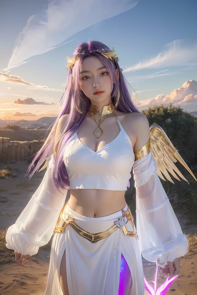 ((masterpiece, best quality, extremely detailed), volumetric lighting, ambient occlusion, colorful, glowing),
1girl, solo, young girl, (purple hair), long hair, halo, aura, sacred, goddess, cleric suit, (white outfit with gold detailst:1.3), angel wings,
outdoors, sunset, sky, clouds, space, (fantasy theme:1.2),