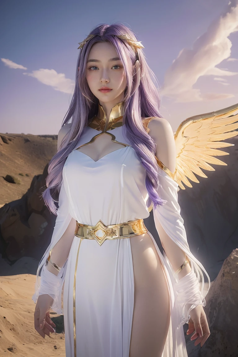 ((masterpiece, best quality, extremely detailed), volumetric lighting, ambient occlusion, colorful, glowing), 
1girl, solo, young girl, (purple hair), long hair, halo, aura, sacred, goddess, cleric suit, (white outfit with gold detailst:1.3), angel wings,
outdoors, sunset, sky, clouds, space, (fantasy theme:1.2),