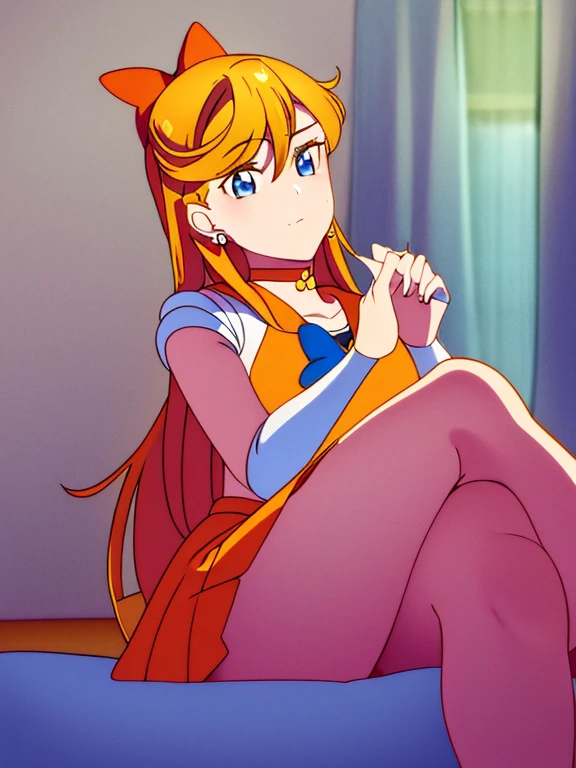 masterpiece, best quality, highres, venus1, 1girl, solo, sailor senshi uniform, sailor venus, aino minako, blonde hair, magical girl, blue eyes, orange skirt, elbow gloves, tiara, pleated skirt, hair bow, orange sailor collar, miniskirt, choker, red bow, orange choker, white gloves, very long hair, jewelry, earrings, sitting, crossed legs,