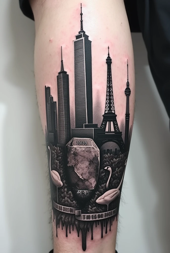 Realistic style tattoo, in black and white, with Taipei 101 Tower, la swan bells tower de Perth, the eiffel tower in paris, un rubis in black and white caché et gravé le 11.12.2020 et le 15.08.2016
