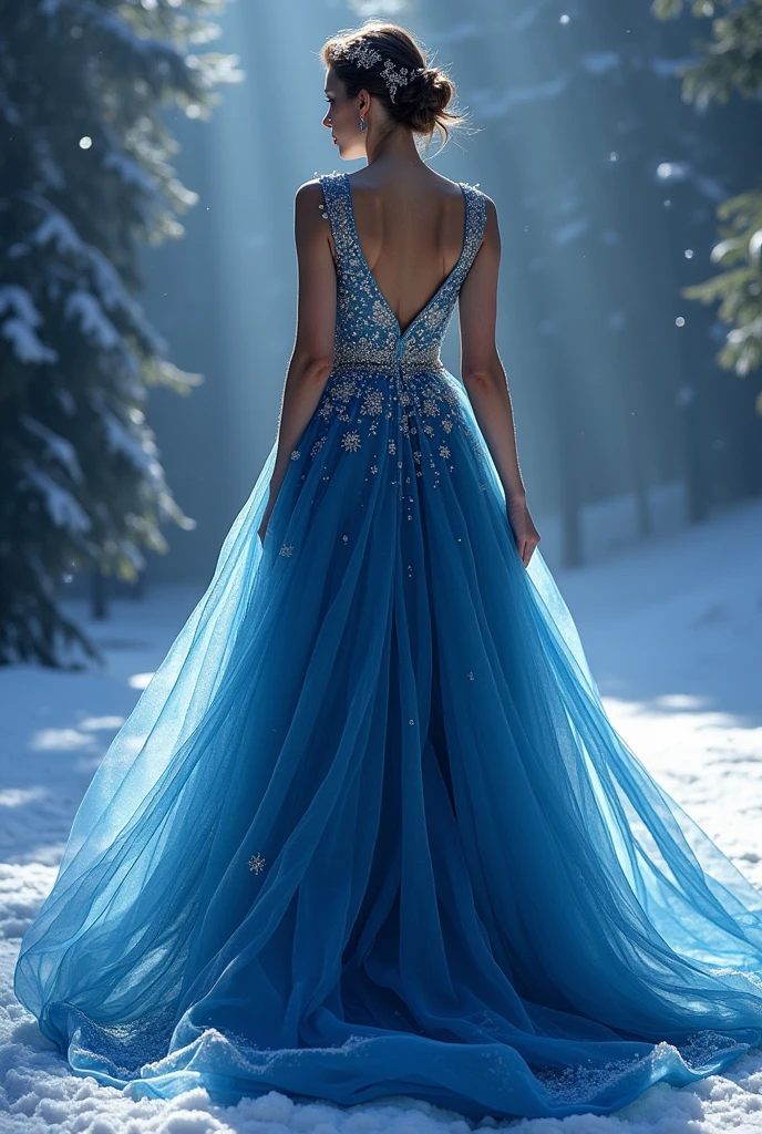  deep blue gown, no sleeves, the color of the winter night sky. The bodice is embroidered with tiny silver snowflakes, and the skirt is made of layers of sheer fabric that flow down to the floor, like waves of ice. 