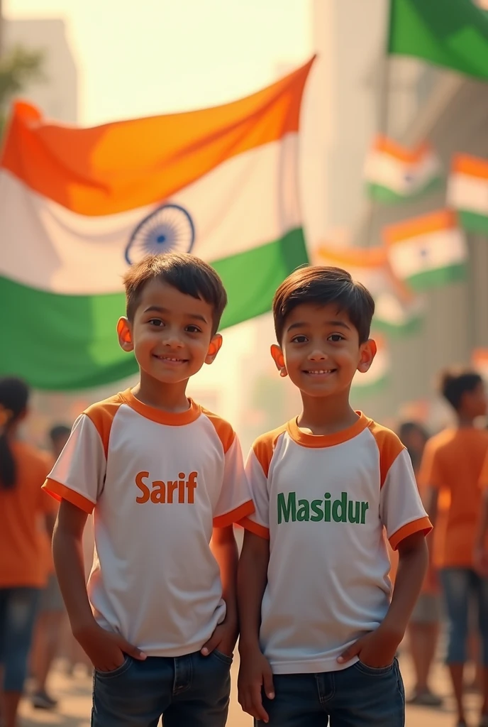 "15 august 2024"  "Happy independence Day" !
 Two boys  " SARIF AND MASIDUR  " there INDIAN FLAG shart front side name "SARIF ""MASIDUR  "   BACKGROUND INDIAN FLAG  !                     