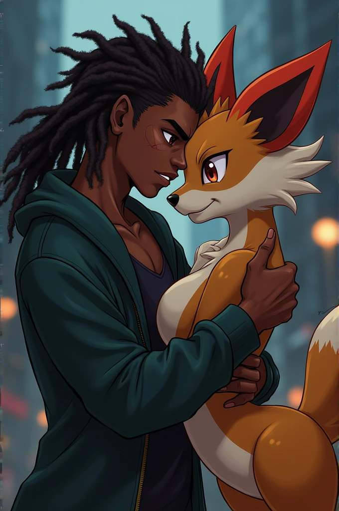 Female Braixen, ((Pokemon)), (Female Pokemon), Male Human, ((Male Human is Dark Skinned and has Chocolate Brown Eyes)), ((Male Human has dreadlocks), (Female Braixen has medium breasts), detailed, bzeh art style, dusk, (both are looking at the viewer), ((Both are looking at the viewer with a sensual stare)), detailed shading, intricate details, 1boy, 1girl, ((Male Human and Female Braixen are holding each other)), (Male Human has both hands on Female Braixens hips), (Female Braixen is in Humans arms with hers on his chest), (Male Human is wearing dark green jacket that's unzipped with a black shirt underneath), (Male Human has faded scar over left eye)