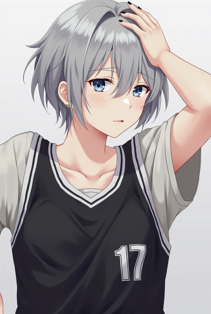 Gray Hair,、Neckline 15cm、Shortcuts、Black jersey、Black Nail、On the left earlobe２Pieces of earrings、Eye color is light blue