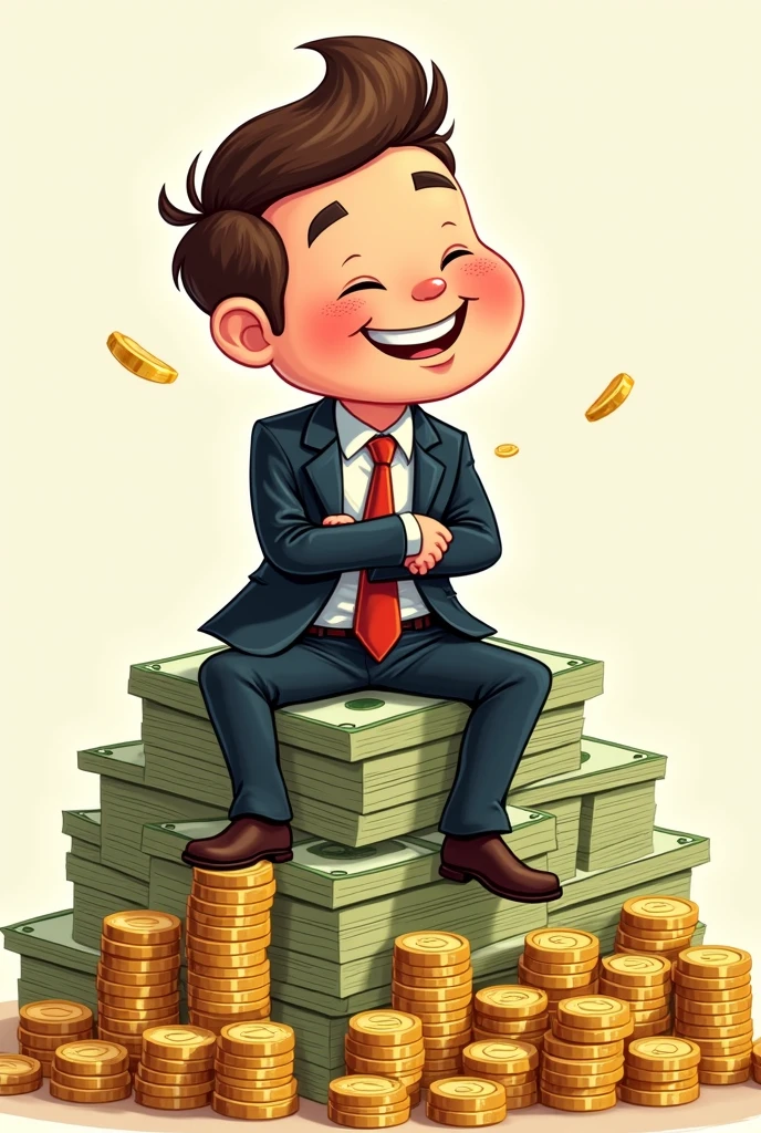 Cute cartoon tycoon on a pile of money
