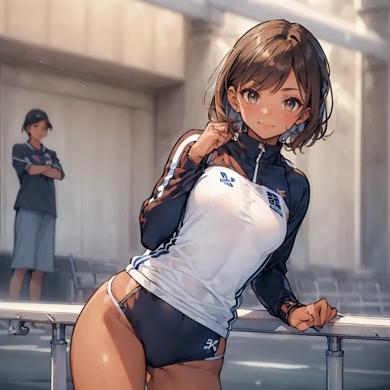 ((masterpiece)), (1 girl:2.0), (face extremely detailed, smiling), short haircut, brown hair, , (thin build), (a Japanese girl), ((Member of track and field team, long distance runner)), slightly round face, (tanned brown face:1.6), cute, big eyes, navy blue jersey with long sleeves, ((over-the-knee wear)), (muscular and thin thighs), (small breast)