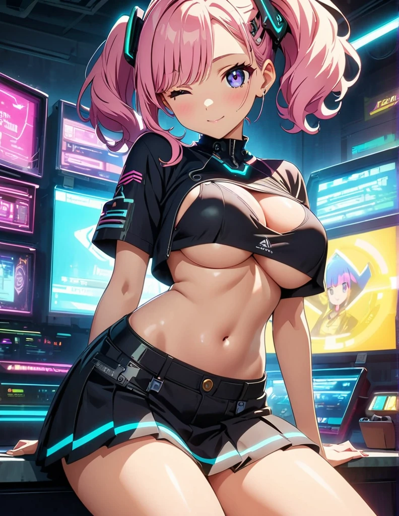 (anime artwork, anime style, studio anime, very detailed, up to date, vibrant, Anime Coloring, high contrast, masterpiece:1.2, best quality, best aesthetics),1 girl,cyber punk clothes, Medium chest, A glimpse of thighs,cyber punk hair, One eye is hidden by the bangs, perfect proportions, high detail skin, Cute, detailed faces,cyber punk cafe,sit, applying makeup, large breasts, cutout between underboob and shirt,very short pleated miniskirt,