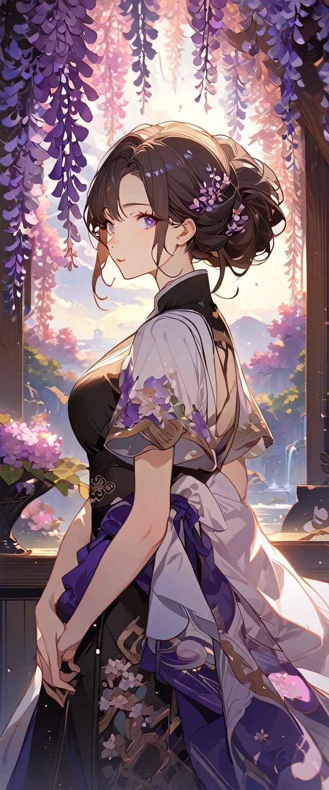 wisteria flower, wisteria tree, wisteria background, 8k ,4k , best quality, high quality, masterpiece, embroidery clothes, big chest, all kind of hairstyle, inspired by Asukaziye artist : ask, art style : ask