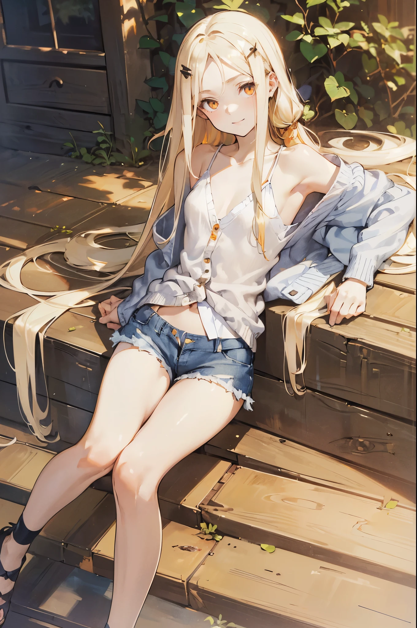 masterpiece, ultra detailed, 8k portrait, RAW photo, portrait photography, Highly detailed face, beautiful and meticulous eyes, (amber color eyes:1.5), , (smile:1.2), (tilt one's head:1.5), standing:1.5, outdoor, (white thin camisole:1.5) and (LowriseXL blue shorts:1.5), (navel:1.2), (put on ankle length long white summer cardigan:1.5), cute girl, long hair, (white blond hair:1.5), (shoulder length hair:1.5), show forehead, one side parted hair, hairpin, (sleepy face:1.0), young girl, 1girl, beauty girl, pretty girl, 159cm, 41kg, slim:1.5, flat chest:1.5,