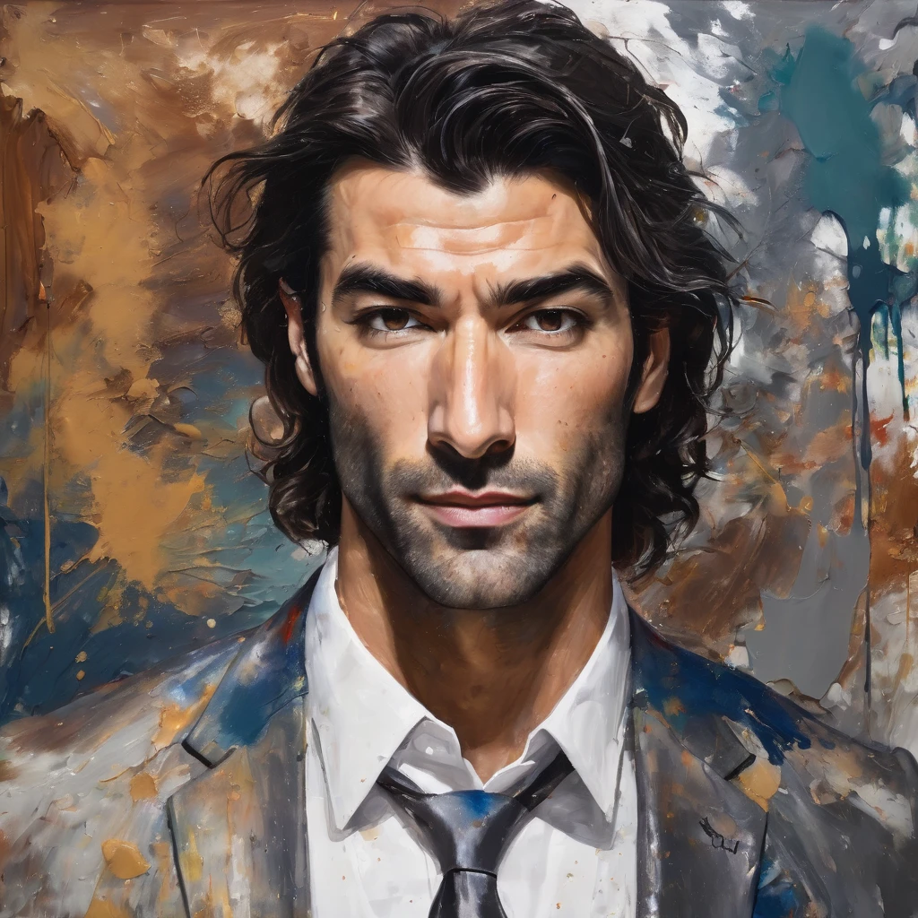 Messy painting style portrait of Justin Baldoni, white, neck length hair, suit, rich, muscular, grizzling brown hair, short beard, serious