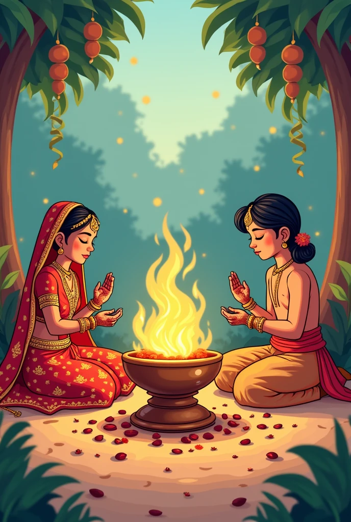 Bride
And 1 man and 1 women sitting and worship
agni kund
For Indian marriage ritual
Cartoon
