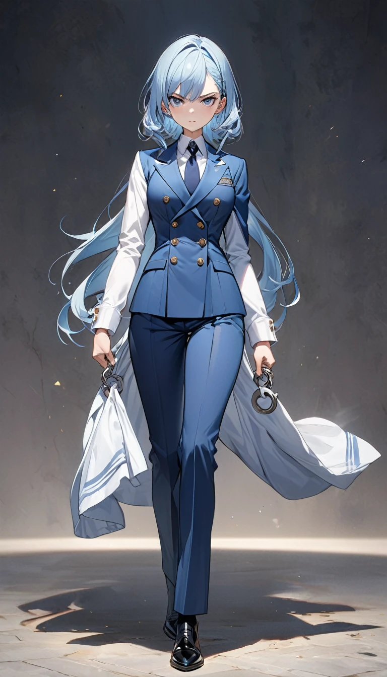 ((Best quality, 8K, masterpiece)), anime style, full body, confident and determined guy with light blue hair, , is dressed in a strict blue double-breasted suit with silver buttons, light blue tight trousers and a dark tie over a white shirt. Her sleeves are decorated with white cuffs, and on her left sleeve is an emblem with the number "96" on it. She is holding handcuffs in her right hand, standing confidently with a determined expression on her face. Background: School . The image is highly detailed, with attention paid to the texture of the fabric, hair and facial expression.