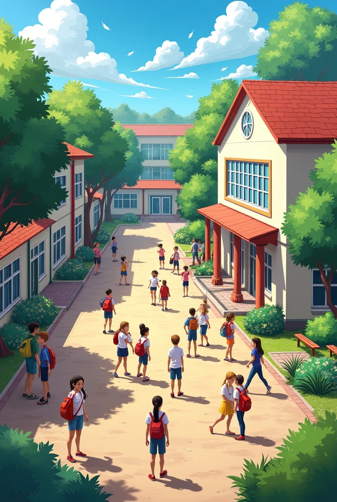 school with teachers, students from grade 1 to 6 and friends