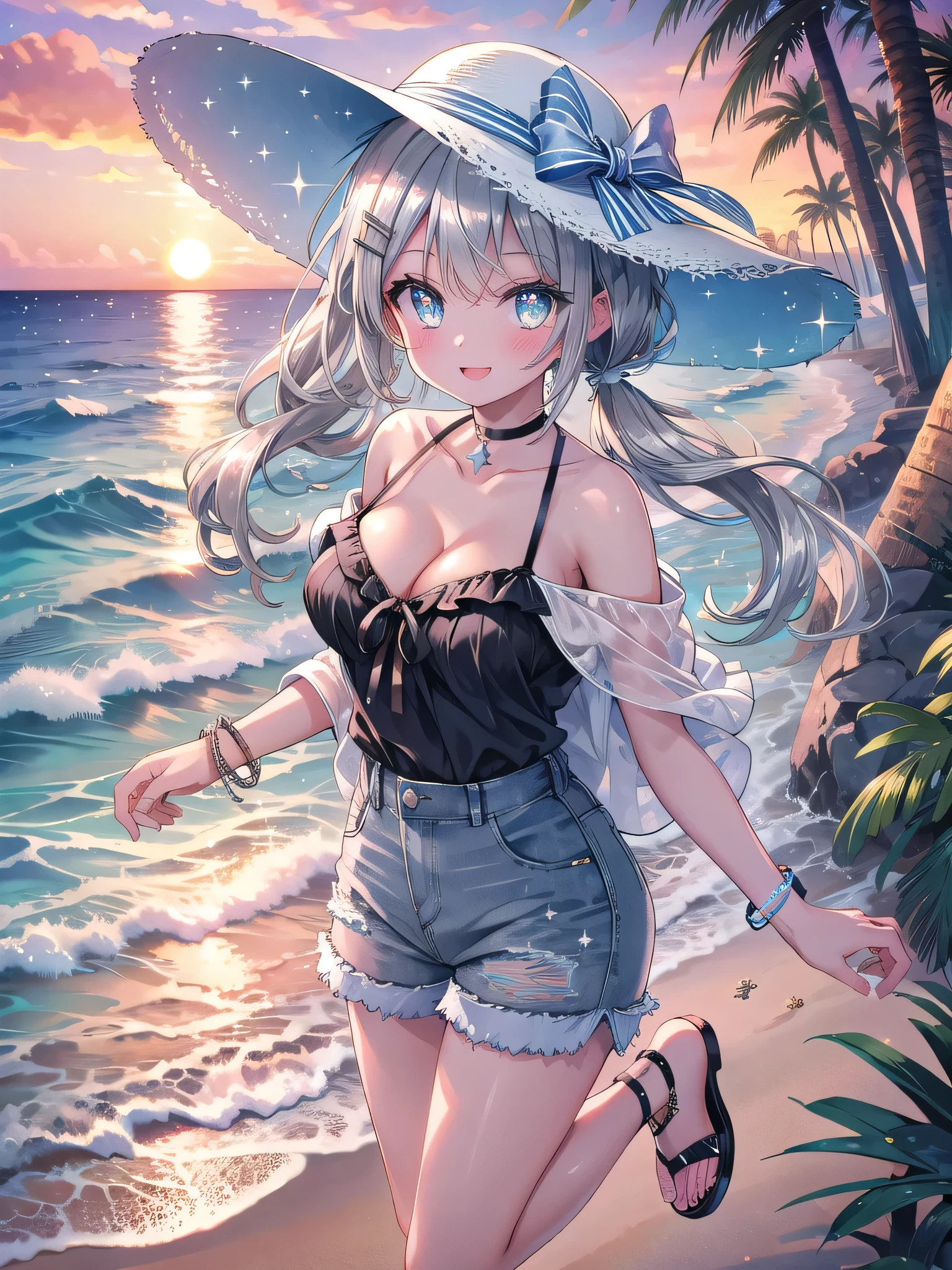 (8K, Highest Quality, Masterpiece:1.3)), Ultra High Resolution, (1 girl, solo), (Color Changing Eyes, Highly Detailed, Expressive Sparkle, Sparkling Eyes), Highly Detailed Eyes, Highly Detailed Face, Random Hair, (Silver Grey Color), Hair Clip, Striped Off Shoulder Top, High Waisted Denim Shorts, Wedge Sandals, Simple Silver Choker and Bracelet, Sunglasses, Side Ponytail, Beach Hat, (Sunset Beach:1.2), (Happy Face:1.1), Top Angle, Cleavage
