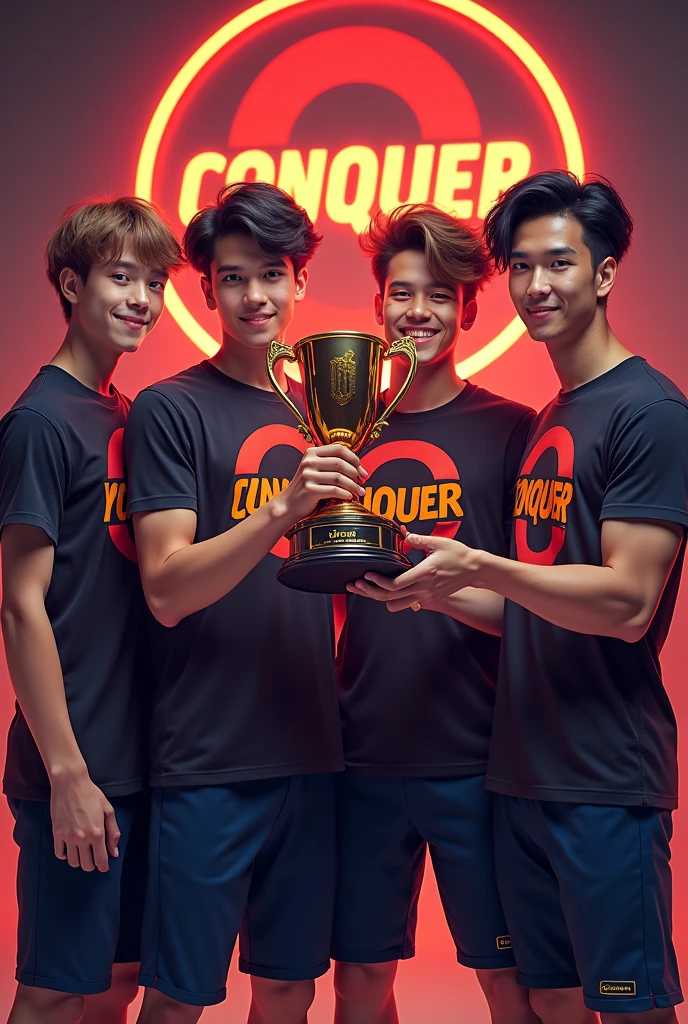 Four gamer boys are showing pro trophy and four boys t-shirt writing " We Conquer " with conquer logo. Four boys age 20 with adult face and different hair style, different hair colour. In the background same like logo. four boys have strong body and muscle.