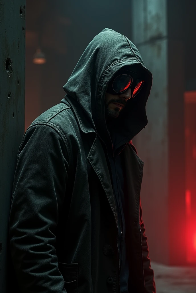 A man wearing coat and goggles, watching in right corner and red light following on him