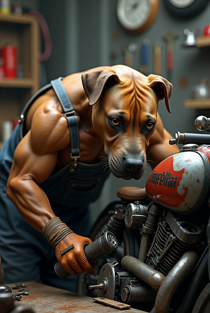 Pitbull dog fixing motorcycle at Águia motos