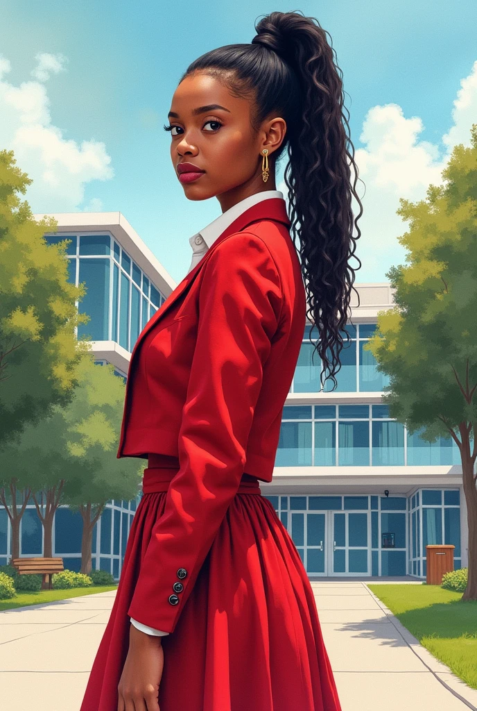 A black r old l wearing red school uniform looking determined and over her shoulder her natural hair is pulled back in high Ponytail.the background is a modern school building and the image is detailed watercolor painting
