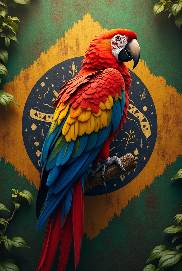 Create a flag coat of arms with a macaw themed after Brazilian indigenous peoples in brown