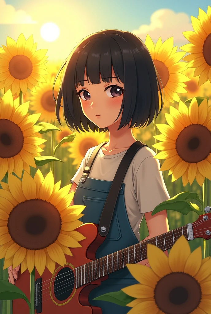 The location is a sunflower field under natural light. She is wearing overalls and has black hair with bangs.、Illustration of a girl with collarbone-length hair、Her whole body is showing her vitality.、It shows her inner peace and outer charm.。Please let her have a guitar