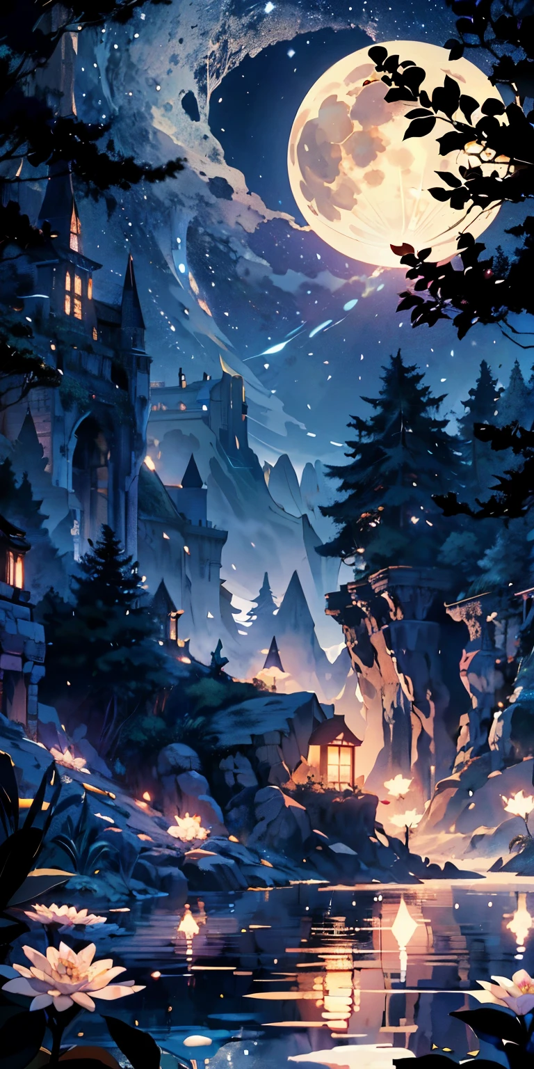 masterpiece, beste-Qualit, (muito detalhadoes CG Unity 8k-Hintergrundbild), (beste-Qualit), (die beste Illustration), (Best Shadows), glowing sprite, (Without people:1.5), Staff shortage,Night landscape, Round See, It is surrounded by a forest wall of trees, (See, Shining in the moonlight: 1.3), der Himmel, full of stars, (der Mond schwebte über dem See:1.4), (Shining threads of moonlight sink into the lake: 1.5), (A beautiful flower rises from the middle of the lake:1.4 ), (Crystal Flower:1.5), (Crystal petals shimmer in the moonlight:1.5), Colorful sparks swirl around the flower, Fantasies, complicated, elegant, muito detalhado, digital drawing, artstation, conceptual art, matte, Clear focus, Illustration. very high resolution, masterpiece, toll, trendy art station, 8k, uhd, Hohe detailliertheit, Very Hohe detailliertheit, masterpiece, (particle effect) etc. d...........3d , octane rendering, Raytracing, superdetail