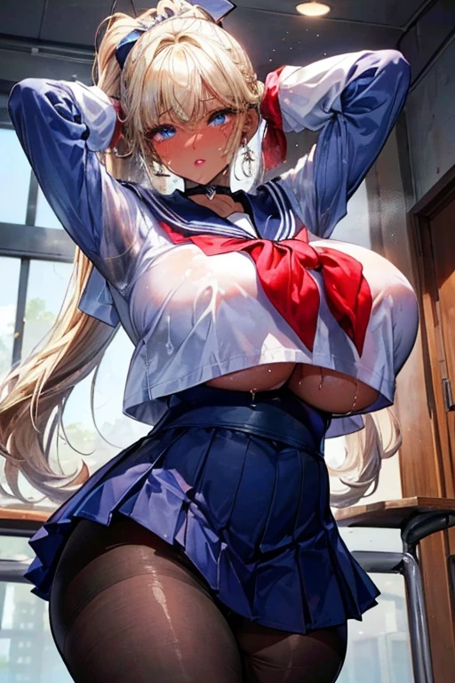 (masterpiece:1.2、Highest quality、Tmasterpiece)、1 female、alone、Day、classroom、stand、beauty、blonde、ponytail、blue eyes、(Oversized Sailor Suit:1.4)、(Dark Skin:1.4)、break、Big Breasts、(pantyhose)、corset、Earrings、lipstick、Long sleeve、choker、mini skirt、blush、Covered breasts、Bangs braids、(Thick lips:1.2)、(sweat stain:1.2)
