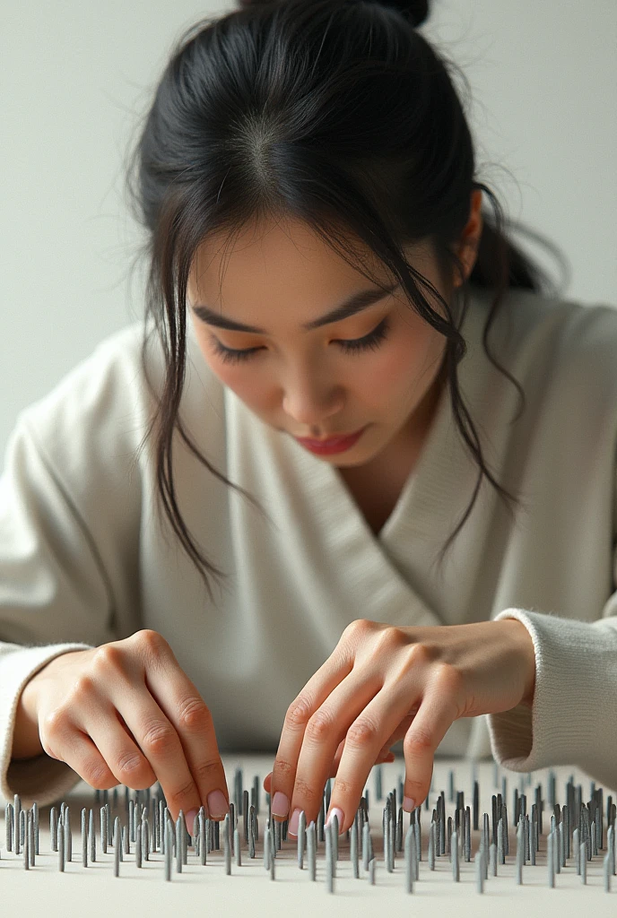 A woman planting nails with a simple background