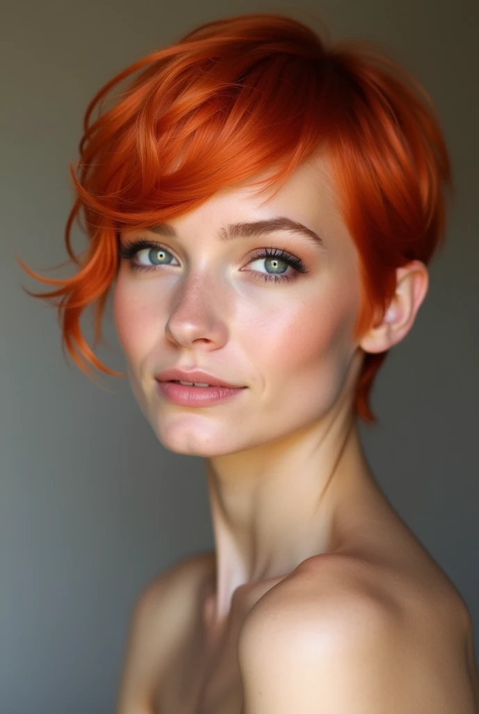 "I'd like the photo to feature a person with vibrant, bright red hair, styled short and slightly wavy. The nose should be short and gently upturned, appearing naturally defined. The skin should have a smooth and realistic texture, with natural detail. The eyes and other facial features should look harmonious and lifelike."