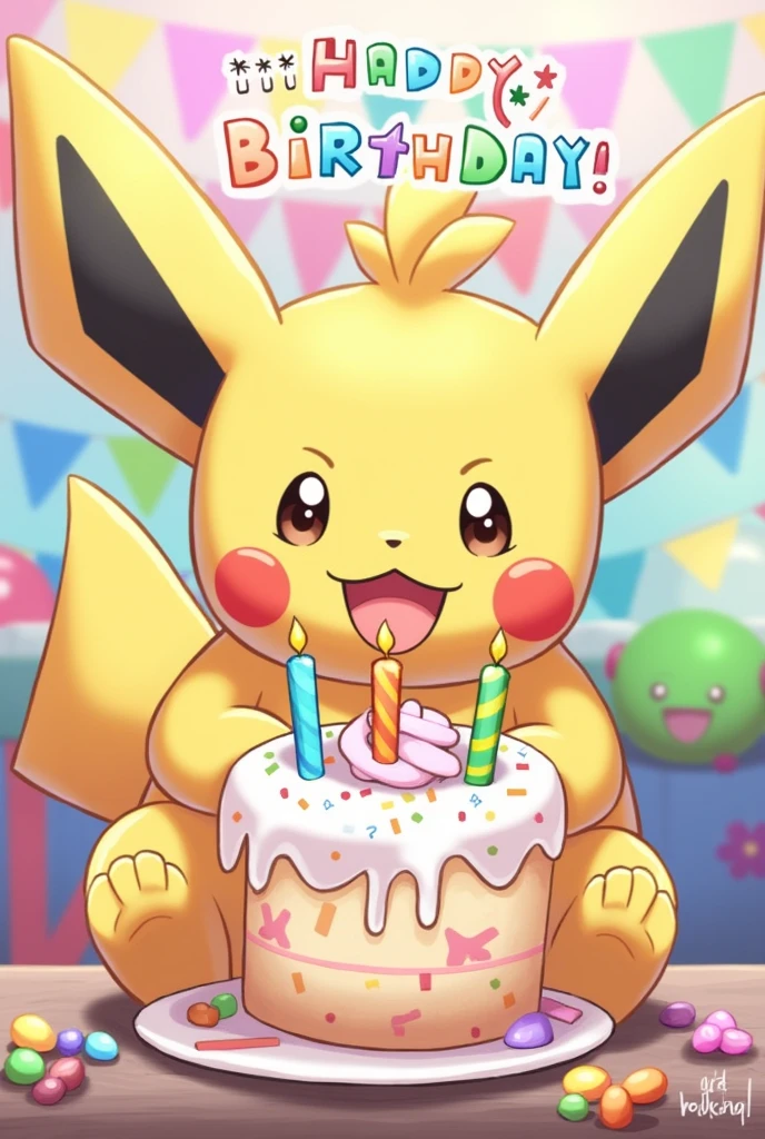 Draw a picture The Pokemon holding birthday cake With the text happy birthday T T D C