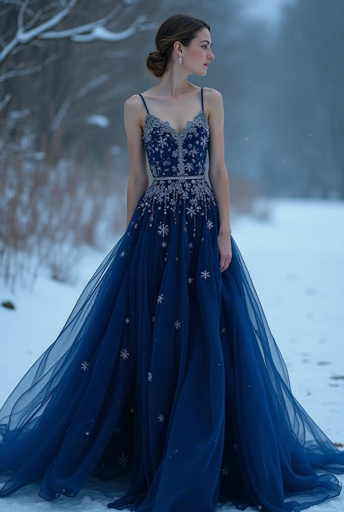  deep blue gown, no sleeves, the color of the winter night sky. The bodice is embroidered with tiny silver snowflakes, and the skirt is made of layers of sheer fabric that flow down to the floor, like waves of ice. 