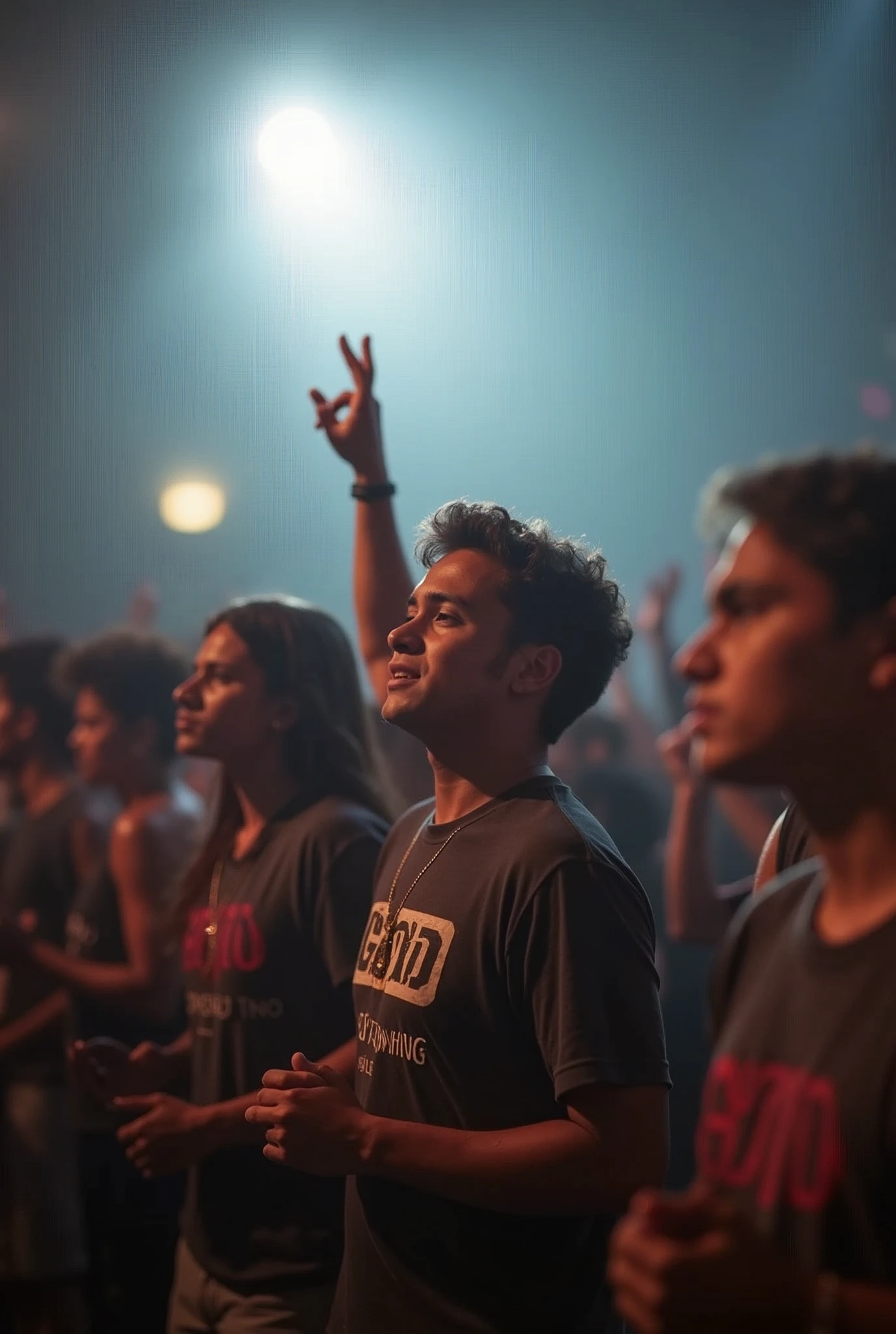 young Brazilians worshiping God, wearing a shirt that says "Positioning", with a divine light coming from above.