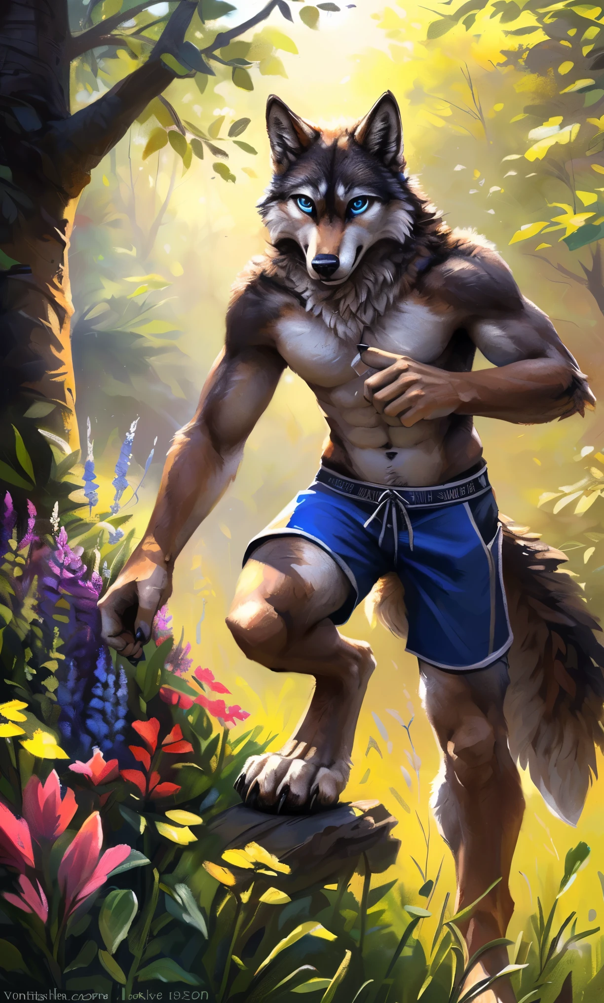 ((Solo)), male people, anthro wolf, (Multi-colored fur, White-brown:1.3,White tail pointed), (Height 2.1m,Tail length 1.2m), ((Wolf face, Big eyes, White eyelids, Blue pupil, Slim:1.2) (Tough, Calm expression:1.2)), Abs, Slim, pinging)), (Correct anatomy), (Work shorts:1.1), The upper body naked, (detailed outfits),A long big tail,Feet,(Realistic fur, Detailed fur texture, labeled:1.3)), (Natural lighting), Photorealistic, Hyperrealistic, ultradetailed, by Kenket,In a sea of flowers,erect through,Running on