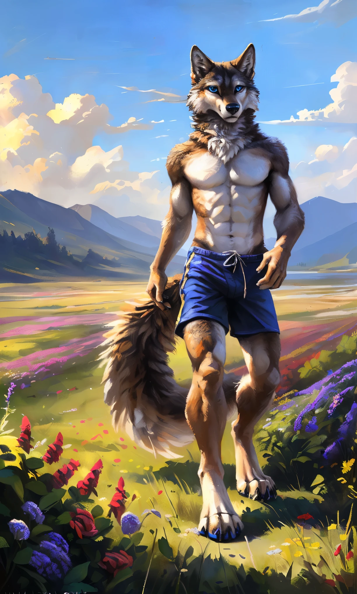 ((Solo)), male people, anthro wolf, (Multi-colored fur, White-brown:1.3,White tail pointed), (Height 2.1m,Tail length 1.2m), ((Wolf face, Big eyes, White eyelids, Blue pupil, Slim:1.2) (Tough, Calm expression:1.2)), Abs, Slim, pinging)), (Correct anatomy), (Work shorts:1.1), The upper body naked, (detailed outfits),A long big tail,Feet,(Realistic fur, Detailed fur texture, labeled:1.3)), (Natural lighting), Photorealistic, Hyperrealistic, ultradetailed, by Kenket,In a sea of flowers,erect through,Running on