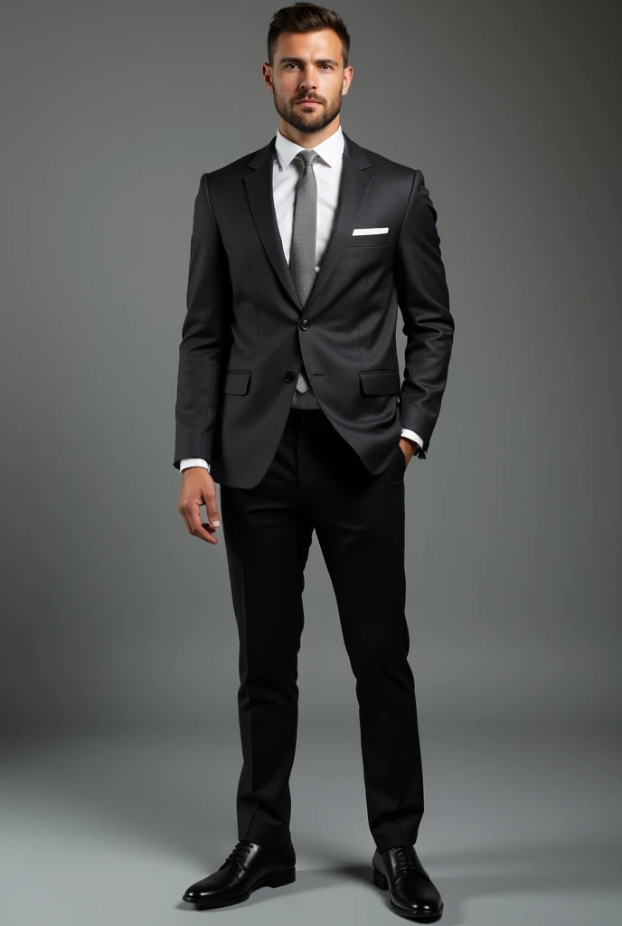 Neil looked down at his own attire briefly, mentally assessing his appearance. "I’m wearing a dark charcoal suit with a crisp white shirt," he explained, his voice carrying a note of casualness. "The jacket is tailored to fit snugly, while the shirt is neatly tucked into a pair of black trousers. Completing the ensemble are a pair of polished black dress shoes and a subtle silver tie."
