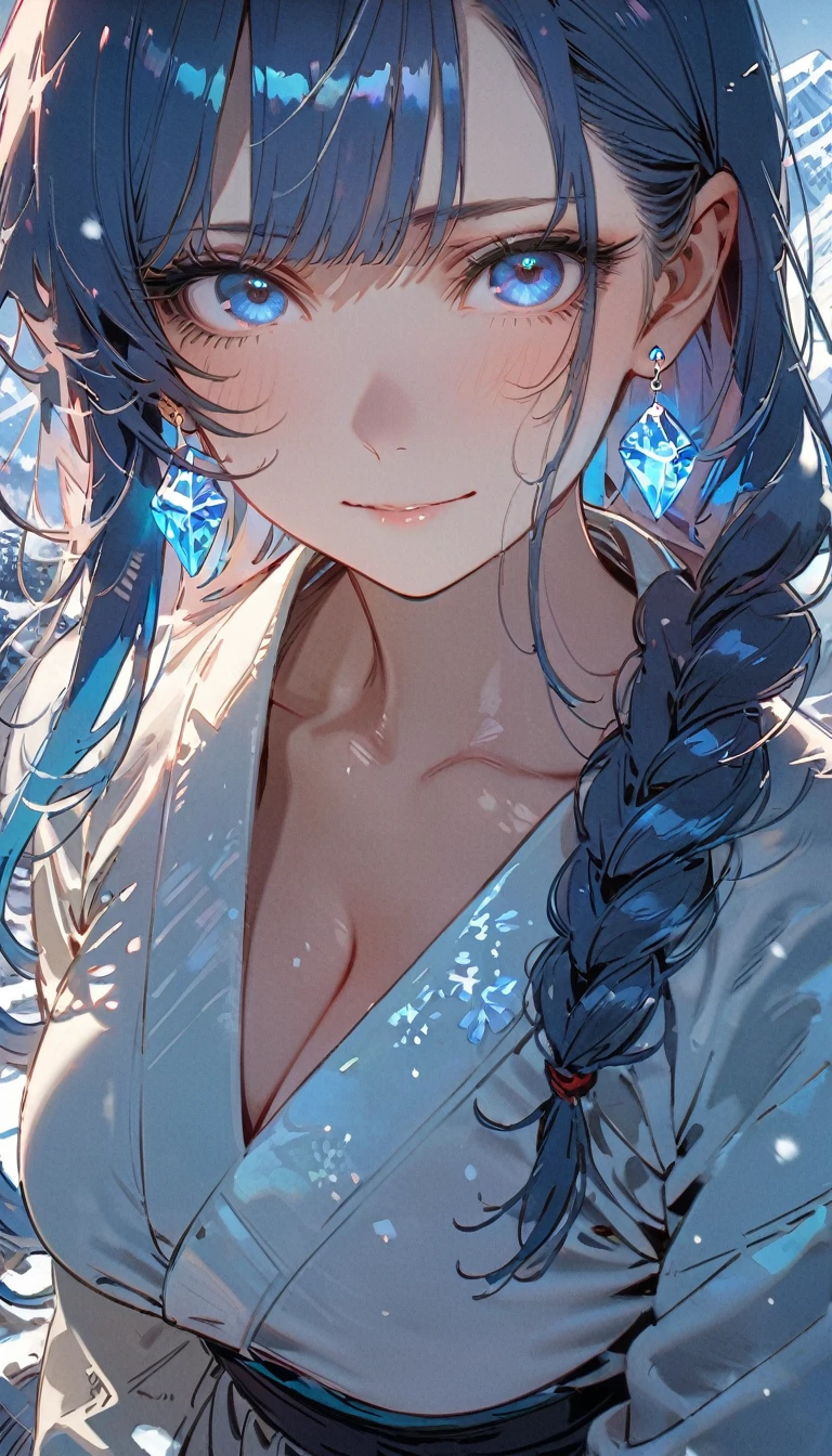 Browsing Caution,Snow Woman、Beautiful dark blue hair,Big Breasts、Long Hair,Yuki onna,Cool look,White kimono,(high quality),(Red eyes,Perfect Eyes,Clear Eyes),(cheek),Narrow eyes, Ice Earrings,Adult female,Snowstorm in the background,Long sleeve,from_front,The kimono is transparent,White skin,Uninteresting,Hair ICE decoration,Mountain,(8k),Crossing perspectives.,smile,(Side braid),whole body