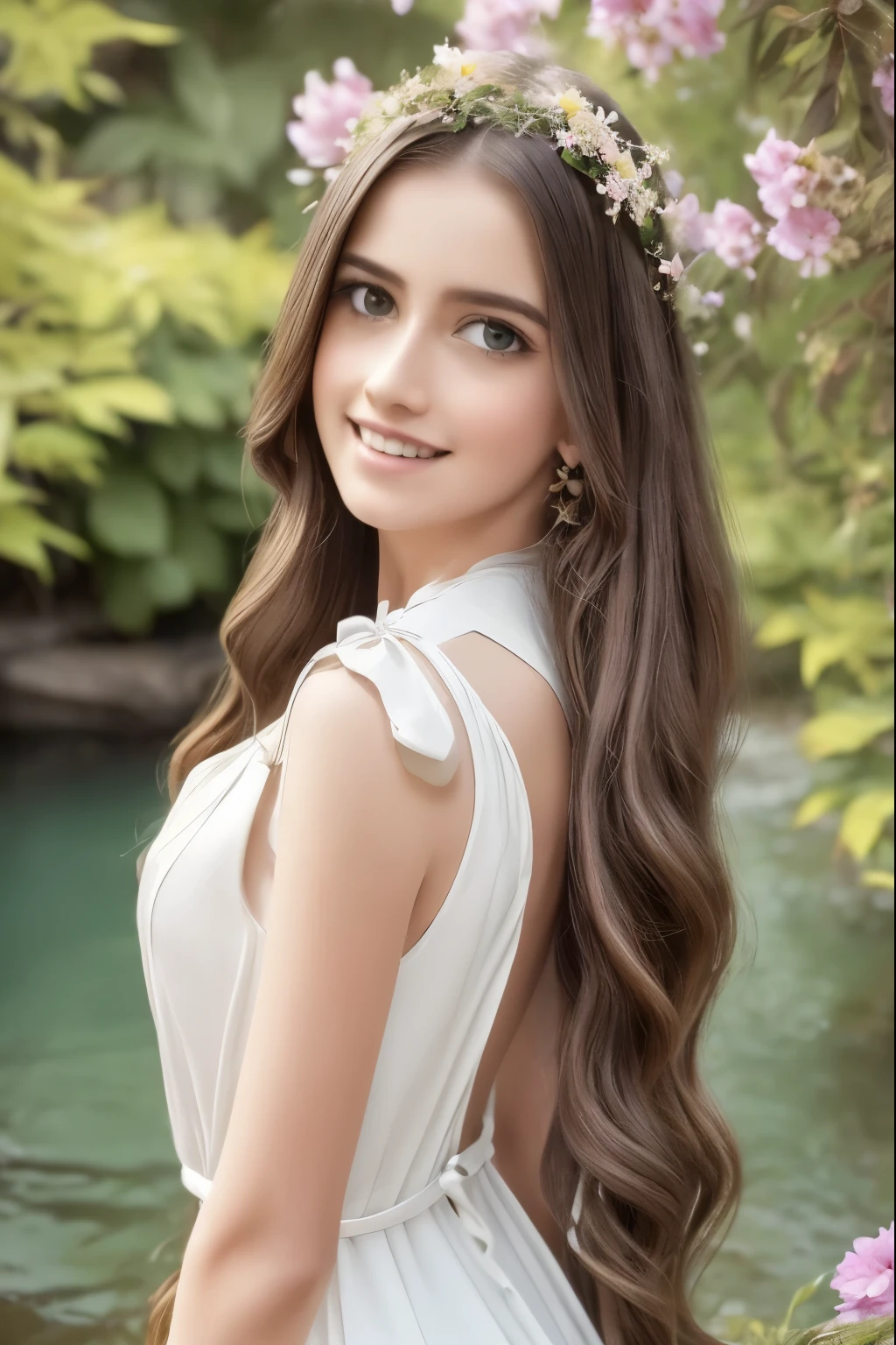 best quality,4k,8k,highres,masterpiece:1.2),ultra-detailed,(realistic,photorealistic,photo-realistic:1.37),a girl in a beautiful garden, long flowing hair, detailed face with beautiful eyes, nose, and lips, elegant dress, graceful posture, natural lighting, lush foliage, colorful flowers, serene pond, warm color palette, cinematic composition
