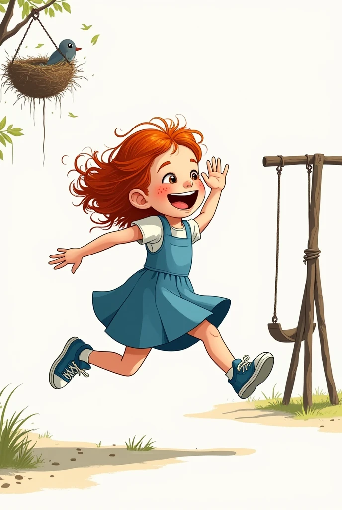 An 8 year old with red hair and freckles, wearing a blue dress and sneakers, is jumping for joy in a park. Ao fundo, there is an empty swing and a tree with a bird&#39;s nest. Artistic style: animated cartoon , thick black lines, white background. format: 1024x768 pixels, paisaje